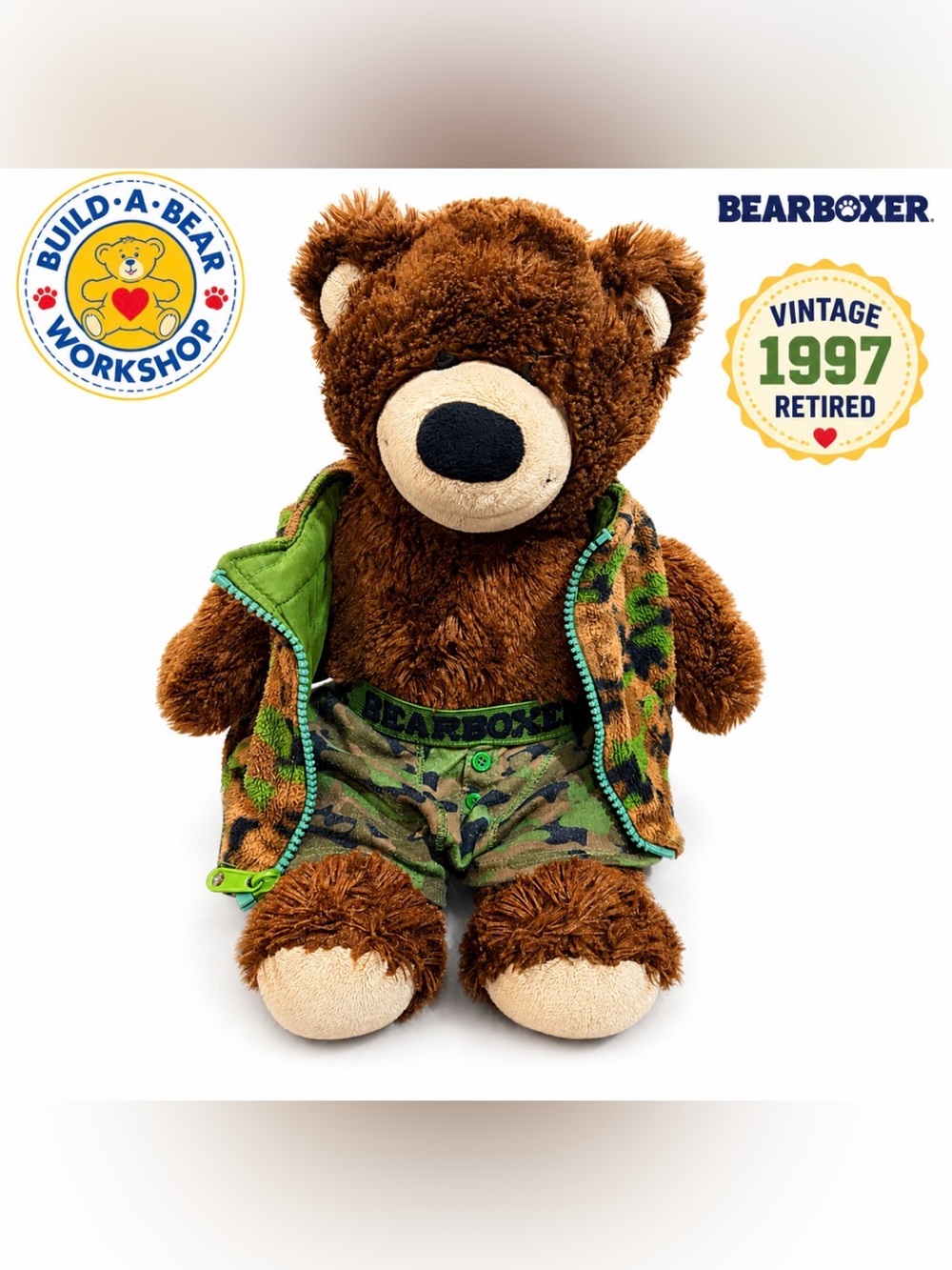 Vintage 1997 Build-A-Bear Brown Teddy Bear Camo BearBoxer Outfit Jacket Plush